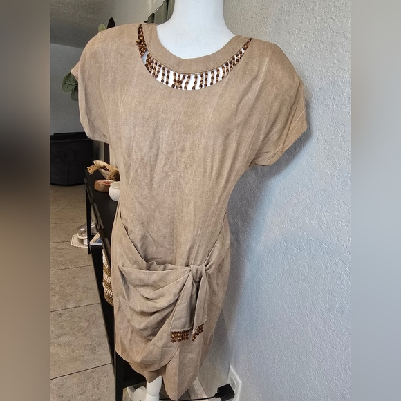 Scarlett Vintage Linen Blend Wrap Mini Dress Camel Size 11 - Picture 5 of 9